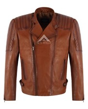 Mens Racer Biker Real Leather Jacket Chestnut Wax Quilted Motorbike Style Jacket
