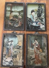 Set Of 4 Reverse Glass Chinese