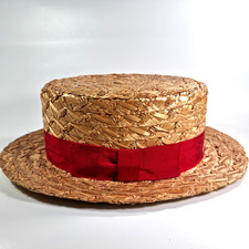 Vintage Woven Straw Boater Hat With Ribbon Band