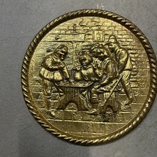 Embossed English Vintage Peerage Brass 6.5” Wall Plaque With Men At Tavern/Pub