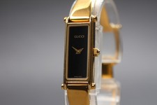 [Exc+5] Vintage Gucci 1500 Gold Black Dial Bangle Quartz Women's Watch JAPAN