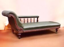 Antique Victorian Oak Chaise Longue, Green Leather, Brass Castors