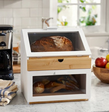 Two Tone 3 Compartment Bamboo Bread Bin Double Layer Storage Box With Drawer