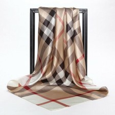 Check Beige Square Head Neck Scarf Wrap Satin Silk Vintage Shawl 90cm