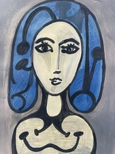 Picasso Pablo Original Painting Signed Woman Blue Hair Artwork Spain Arte D20