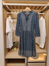 MONSOON XSMALL BLUE BLACK DRESS TUNIC TIE NECK 3/4 SLEEVE CASUAL BOHO VISCOSE XS