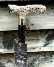 SILVER-CHROME MEN FRITZ WALKING STICK CANE MOUNTED ON ELEGANT BLACK WOOD SHAFT✅