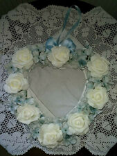 Heart shaped blue&white flower decorated white wicker heart, blue ribbon to hang
