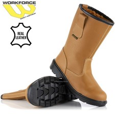 MENS WATERPROOF RIGGER SAFETY STEEL TOE CAP BOOTS FUR LINED WORK TAN WELLIES SZ