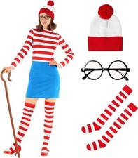 Women`s Where`s Wally? Costume Adult Red White Stripe Book Day Fancy Dress S-2XL