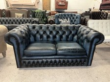 Chesterfield Blue Real Leather Two Seater Sofa