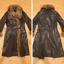 Vintage 70s 80s Real Leather Belted Trench Afghan Coat Jacket Fur Collar Cuffs