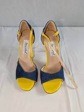 Comme il Faut Tango Heels Sandals 36 Denim Yellow Stiletto Leather Sole 4" Heel