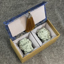 Pair Chinese Guardian Lions Green Sandstone Foo Fu Dogs Feng Shui + Gift Box