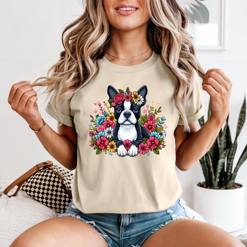 Floral boston terrier - floral,