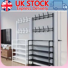 New Coat and Hat Stand 8 Hooks Metal Shoe Rack 5 Tiers Shelf Hanger Black