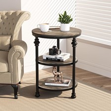 Round End Table with Storage Shelves, 3-Tier Round Farmhouse Side Table w/Men...