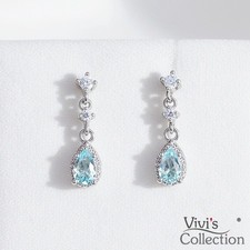 Earrings Drop Dangle Clip On Non-Pierced Small Aqua Blue Crystal Silver Shiny