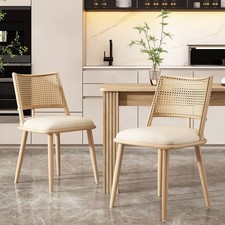 Dining Chairs Set of 2 Upholstered Seat Kitchen Side Chairs with Rattan Backrest
