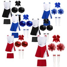 UK Kids Girls Uniforms Shiny Cheer Leader Costumes Headwear Cheerleading Outfits