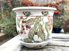 Vtg Kewdos Chinese Hand painted Autumn Foliage 14cm Plant pot & Dish Foxgloves
