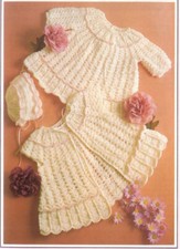 Crochet pattern copy 1625.  Baby cardigan dress bonnet.  3-12 months.  4ply