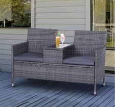 Grey Rattan Companion Bench 2 Seater Garden Love Seat W/ Table Cushions Outdoor