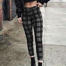 Womens Retro Plaid Print High Waist Pants Ladies Punk Gothic Slim Check Trousers