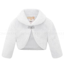 Girls Bolero Faux Fur Shrug White Pink Diamanté Clasp Kids 3/4 Sleeve 6m-13y