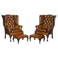 FINE PAIR OF CHESTERFIELD CHESTNUT BROWN LEATHER WINGBACK ARMCHAIRS & FOOTSTOOLS