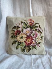 Vintage Needlepoint Wool Tapestry Cushion Floral w Laura Ashley Patchwork Back