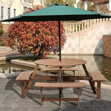 8 Seater Wood Pub Bench Round Picnic Table furniture Garden Patio W/Parasol Hole