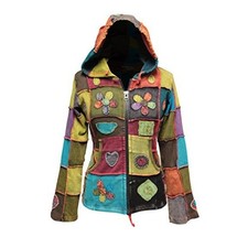 Women Love Flower Peace Embroidered Patchwork Hippie Pixie Hooded Jacket