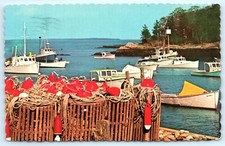 POSTCARD Fishing and Lobster Boats Lie at Anchor at End of Day Maine