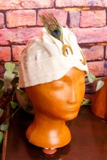 Vintage Original 20er Turban Cap Flapper White Silk Feather Charleston