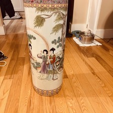 Chinese Famille Rose Porcelain Figural Calligraphy 24" Umbrella Stand
