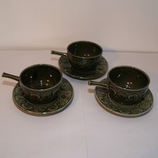 3 x Vintage Tams Soup Bowls With Handles and Saucers Green Romany Design