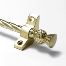 Satin Brass Stair Rods - 3/8" x 28.5" - Candy Twist - Thistle Finial