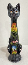 Vtg Siamese Cat Black Folk Design Long Neck Ceramic Figurine Ornament H 14cm 