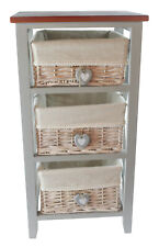 69CM SHABBY CHIC BEDSIDE/LAMP TABLE 3 WICKER BASKET HEART HANDLES GREY UNIT