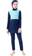 Girls Modest Muslim Swimwear 2 Piece Built In Hood Butterfly Navy Blue Age 7-8