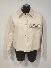 Zara Denim Jacket Women Size Large Cream Studded Collared Casual Streetwear