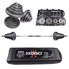 50kg Cast Iron Adjustable Dumbbell / Barbell Weight Set, Foldable 1.5m Barbell