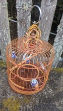 Vintage Birdcage Round Carved Bamboo Wooden Bird Cage Wood Hang or Tabletop Asia
