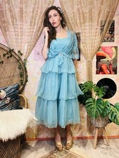 Vintage 1980s Prom Dress Layered Floaty Cocktail Gown With Lace Cape Sleeves 10