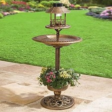 BIRD HOTEL FEEDER & BATH WITH SOLAR LIGHT GARDEN ORNAMENTAL BIRDS TABLE STATION