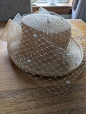 Straw, Net, Chiffon Hat With Bow And Floral Embellishments For Wedding