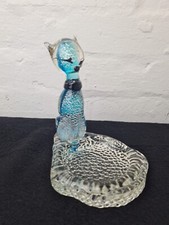 Vintage Murano Art Glass Cat Trinket Dish Aquamarine And Cased Silver Flake 