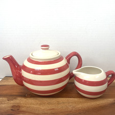 Price & Kensington Pottery Teapot & Milk Jug Red & White Striped PristinePottery