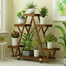 Movable Wood Flower Shelf Plant Display Stand Outdoor Indoor Ample for 6 Pots 